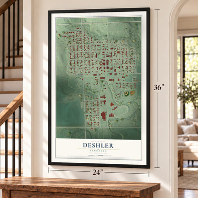 Deshler, Nebraska map, 24 x 36 inch print in a black frame by a staircase