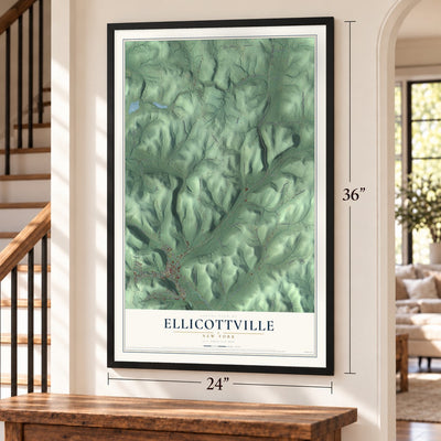 Ellicottville, New York map, 24 x 36 inch print in a black frame by a staircase