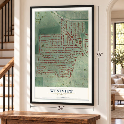 Westview, Georgia map, 24 x 36 inch print in a black frame by a staircase
