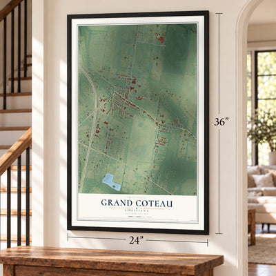 Grand Coteau, Louisiana map, 24 x 36 inch print in a black frame by a staircase
