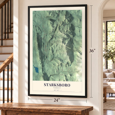 Starksboro, Vermont map, 24 x 36 inch print in a black frame by a staircase