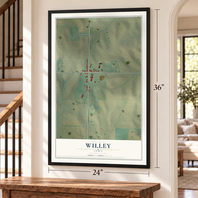 Willey, Iowa map, 24 x 36 inch print in a black frame by a staircase