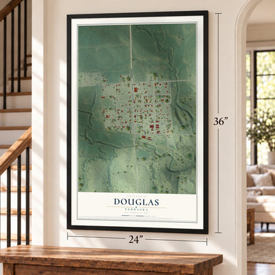 Douglas, Nebraska map, 24 x 36 inch print in a black frame by a staircase