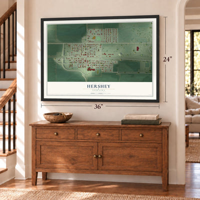 Hershey, Nebraska map, 24 x 36 inch print in a black frame above a dresser by a staircase
