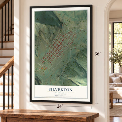 Silverton, Colorado map, 24 x 36 inch print in a black frame by a staircase
