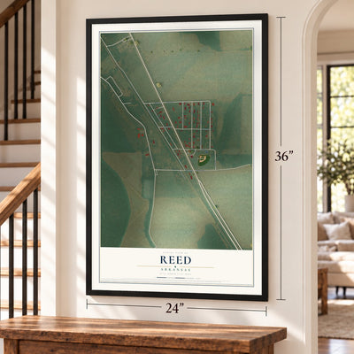 Reed, Arkansas map, 24 x 36 inch print in a black frame by a staircase