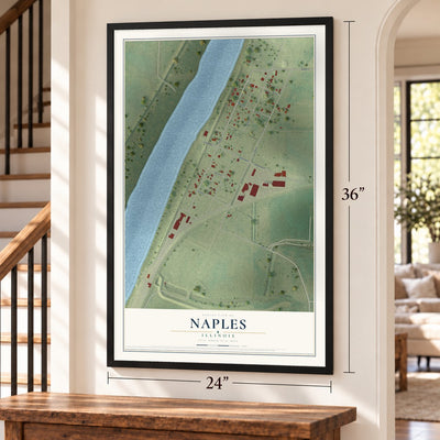 Naples, Illinois map, 24 x 36 inch print in a black frame by a staircase