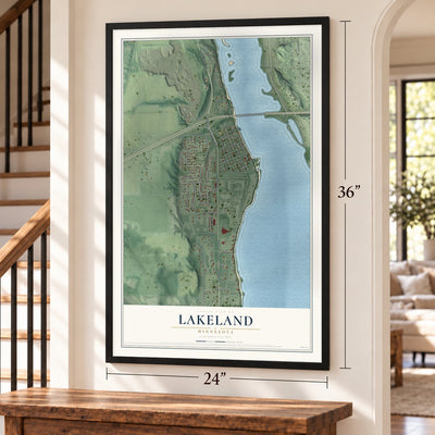 Lakeland, Minnesota map, 24 x 36 inch print in a black frame by a staircase
