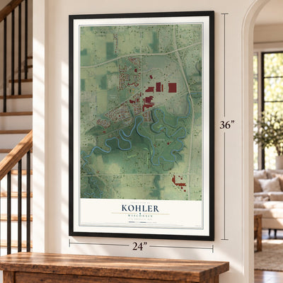 Kohler, Wisconsin map, 24 x 36 inch print in a black frame by a staircase