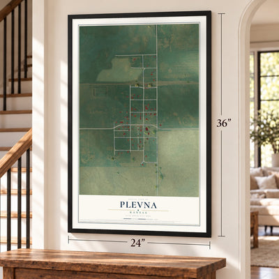 Plevna, Kansas map, 24 x 36 inch print in a black frame by a staircase