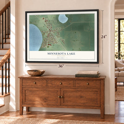 Minnesota Lake, Minnesota map, 24 x 36 inch print in a black frame above a dresser by a staircase