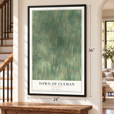 Town of Clyman, Wisconsin map, 24 x 36 inch print in a black frame by a staircase