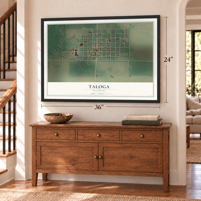 Taloga, Oklahoma map, 24 x 36 inch print in a black frame above a dresser by a staircase