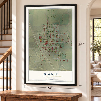 Downey, Idaho map, 24 x 36 inch print in a black frame by a staircase