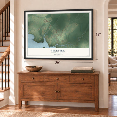Peletier, North Carolina map, 24 x 36 inch print in a black frame above a dresser by a staircase