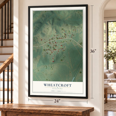 Wheatcroft, Kentucky map, 24 x 36 inch print in a black frame by a staircase