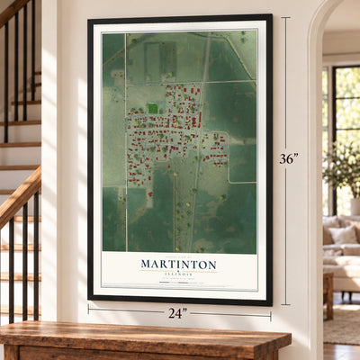 Martinton, Illinois map, 24 x 36 inch print in a black frame by a staircase