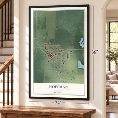 Hoffman, Minnesota map, 24 x 36 inch print in a black frame by a staircase