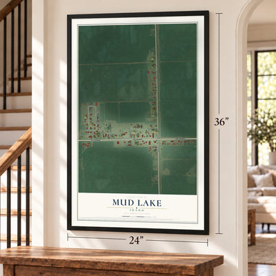 Mud Lake, Idaho map, 24 x 36 inch print in a black frame by a staircase
