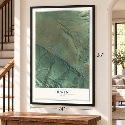 Irwin, Idaho map, 24 x 36 inch print in a black frame by a staircase