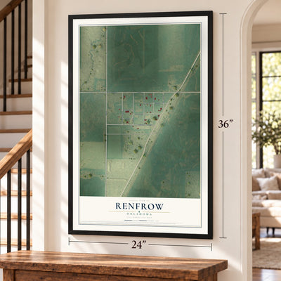 Renfrow, Oklahoma map, 24 x 36 inch print in a black frame by a staircase