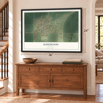 Kirkwood, Illinois map, 24 x 36 inch print in a black frame above a dresser by a staircase