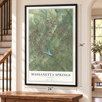 Massanetta Springs, Virginia map, 24 x 36 inch print in a black frame by a staircase