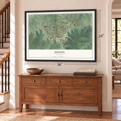 Dixon, Missouri map, 24 x 36 inch print in a black frame above a dresser by a staircase