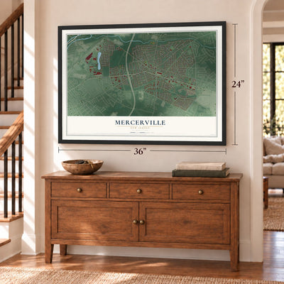 Mercerville, New Jersey map, 24 x 36 inch print in a black frame above a dresser by a staircase