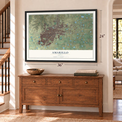 Amarillo, Texas map, 24 x 36 inch print in a black frame above a dresser by a staircase