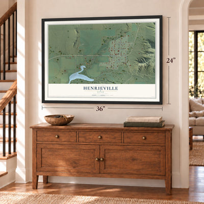 Henrieville, Utah map, 24 x 36 inch print in a black frame above a dresser by a staircase