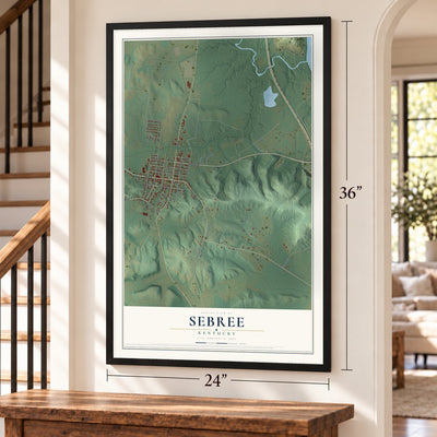 Sebree, Kentucky map, 24 x 36 inch print in a black frame by a staircase