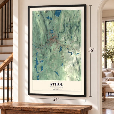Athol, Massachusetts map, 24 x 36 inch print in a black frame by a staircase