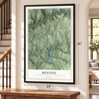 Benton, Lackawanna County, Pennsylvania map, 24 x 36 inch print in a black frame by a staircase