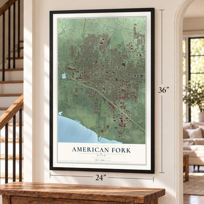American Fork, Utah map, 24 x 36 inch print in a black frame by a staircase