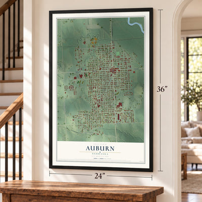 Auburn, Nebraska map, 24 x 36 inch print in a black frame by a staircase