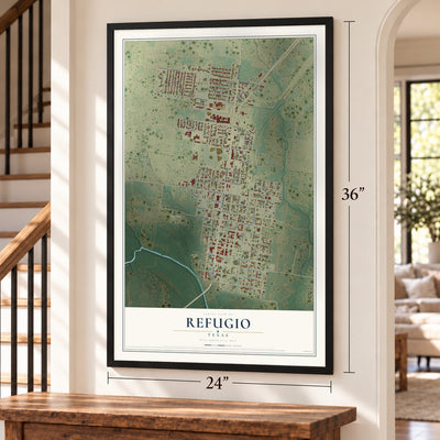 Refugio, Texas map, 24 x 36 inch print in a black frame by a staircase