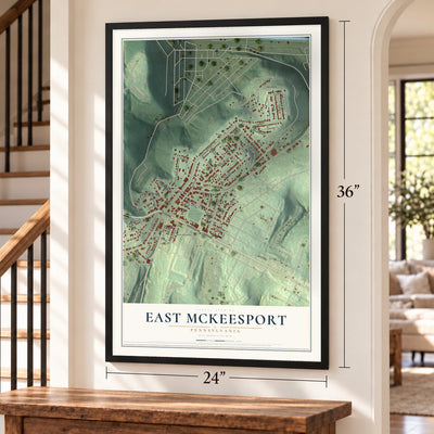 East McKeesport, Pennsylvania map, 24 x 36 inch print in a black frame by a staircase