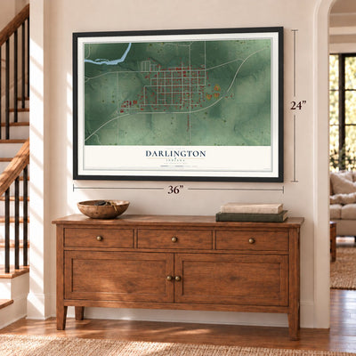 Darlington, Indiana map, 24 x 36 inch print in a black frame above a dresser by a staircase