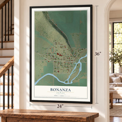 Bonanza, Oregon map, 24 x 36 inch print in a black frame by a staircase