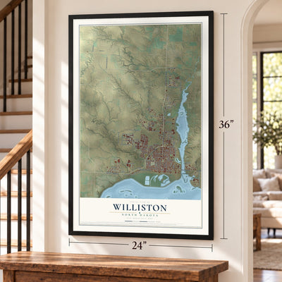 Williston, North Dakota map, 24 x 36 inch print in a black frame by a staircase