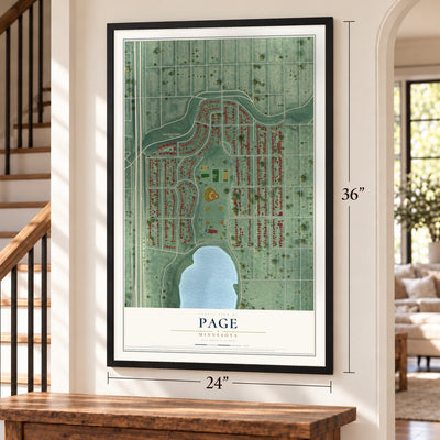 Page, Minnesota map, 24 x 36 inch print in a black frame by a staircase