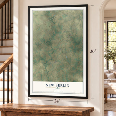 New Berlin, Texas map, 24 x 36 inch print in a black frame by a staircase