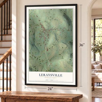 LeRaysville, Pennsylvania map, 24 x 36 inch print in a black frame by a staircase