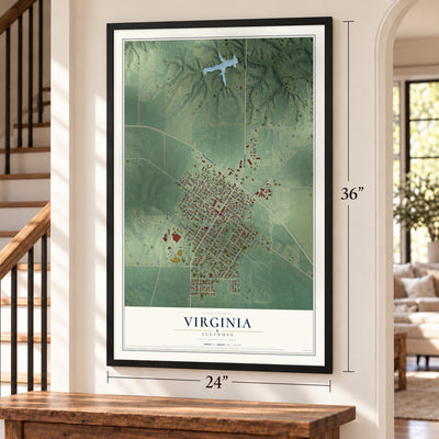 Virginia, Illinois map, 24 x 36 inch print in a black frame by a staircase