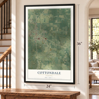 Cottondale, Florida map, 24 x 36 inch print in a black frame by a staircase