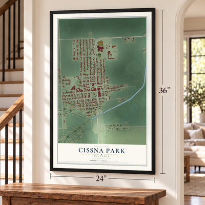 Cissna Park, Illinois map, 24 x 36 inch print in a black frame by a staircase