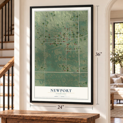 Newport, Nebraska map, 24 x 36 inch print in a black frame by a staircase