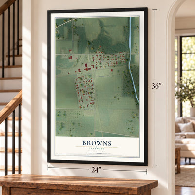 Browns, Illinois map, 24 x 36 inch print in a black frame by a staircase