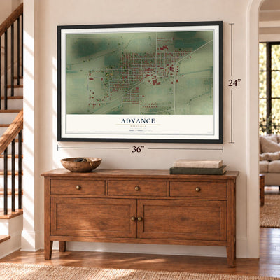 Advance, Missouri map, 24 x 36 inch print in a black frame above a dresser by a staircase